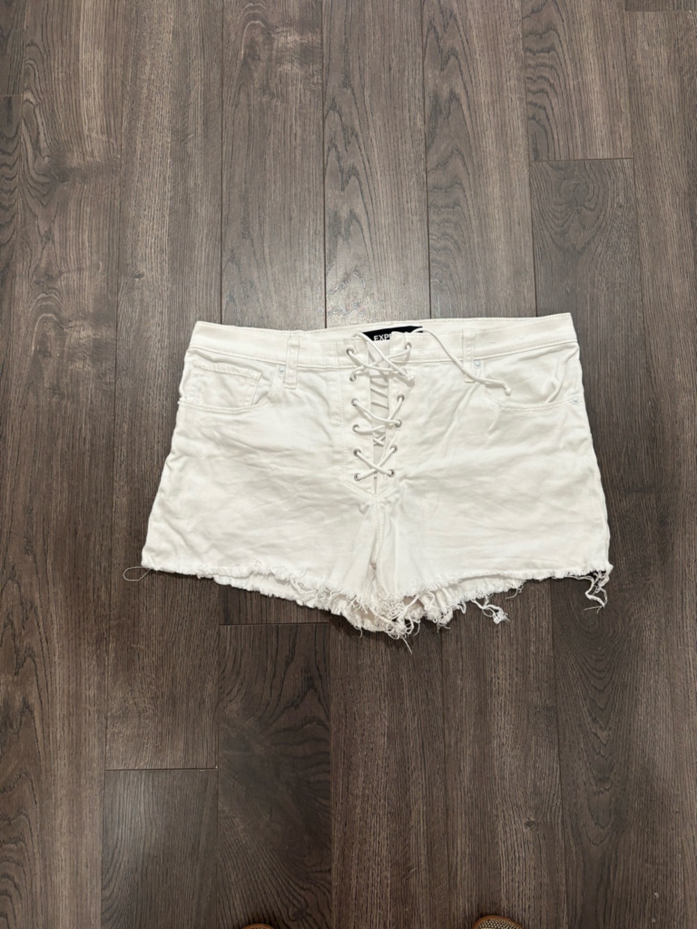 Express White Lace-Up Frayed Denim Shorts